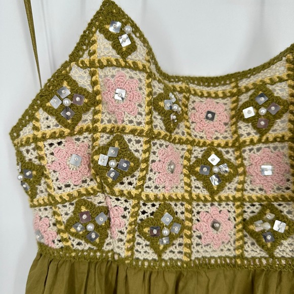 ZARA Granny Square Crochet Dress Halter Ruffle Knit Beaded Midi Green NWT - Picture 5 of 8